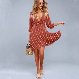 AMUSE SOCIETY Revolve Let's Knot Striped Tie Front Plunge Boho Skater Mini Dress